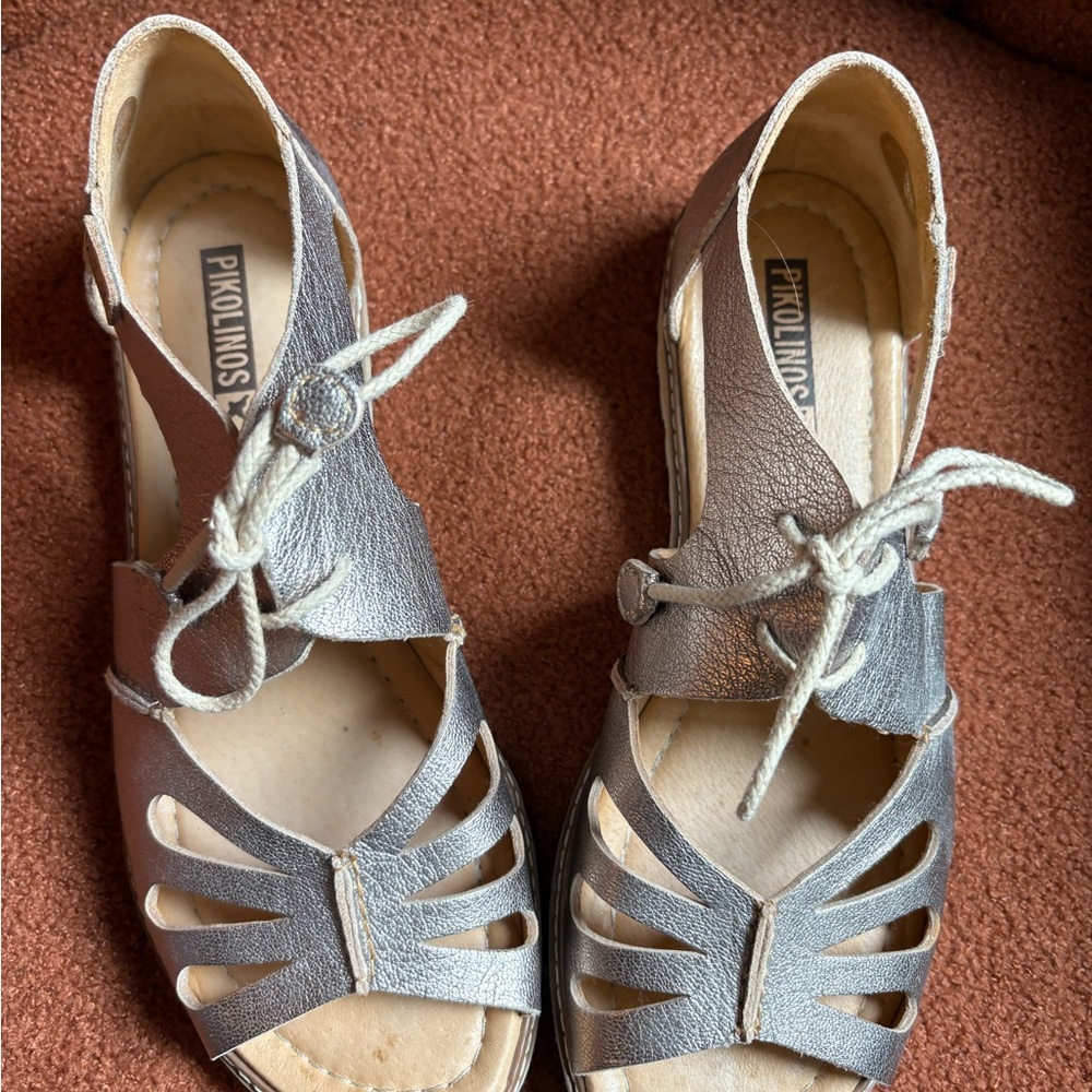 PIKOLINOS Metallic Silver and Brown Leather Cutout Sandals